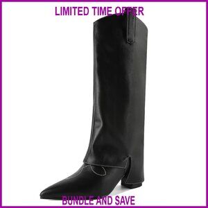 Knee High Boots Fold Over Chunky Heel 2.5 Inch Pointed Toe Pull On